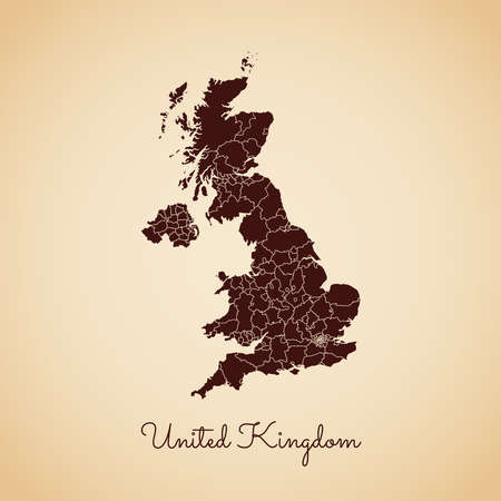 United Kingdom region map: retro style brown outline on old paper background. Detailed map of United Kingdom regions. Vector illustration.のイラスト素材