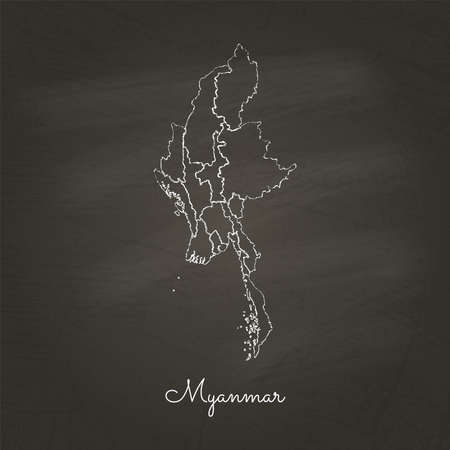 Myanmar region map: hand drawn with white chalk on school blackboard texture. Detailed map of Myanmar regions. Vector illustration.のイラスト素材