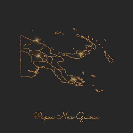 Papua New Guinea region map: golden glitter outline with sparkling stars on dark background. Detailed map of Papua New Guinea regions. Vector illustration.のイラスト素材