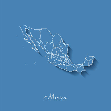 Mexico region map: blue with white outline and shadow on blue background. Detailed map of Mexico regions. Vector illustration.のイラスト素材