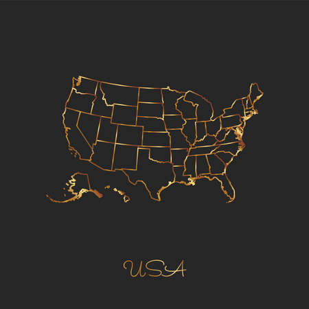 USA region map: golden gradient outline on dark background. Detailed map of USA regions. Vector illustration.のイラスト素材