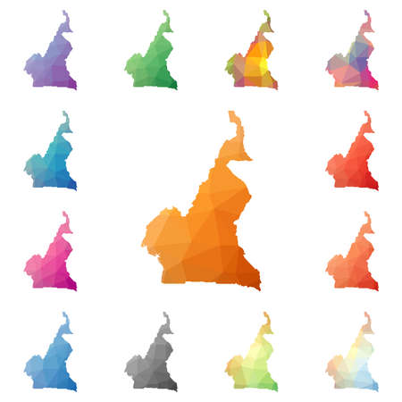 Cameroon geometric polygonal, mosaic style maps collection. Bright abstract tessellation, low poly style, modern design. Cameroon polygonal maps for your infographics or presentation.のイラスト素材