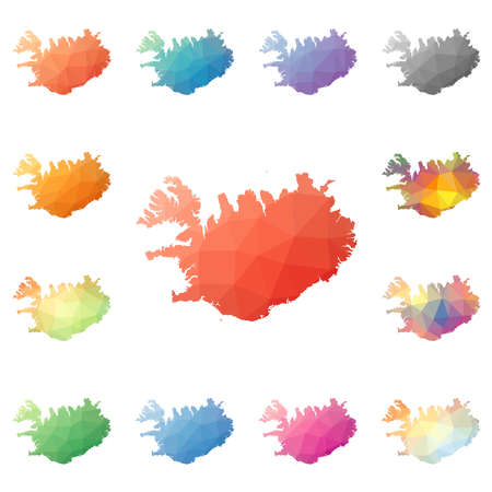 Iceland geometric polygonal, mosaic style maps collection. Bright abstract tessellation, low poly style, modern design. Iceland polygonal maps for your infographics or presentation.のイラスト素材