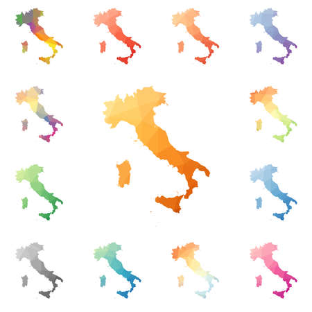 Italy geometric polygonal, mosaic style maps collection. Bright abstract tessellation, low poly style, modern design. Italy polygonal maps for your infographics or presentation.のイラスト素材