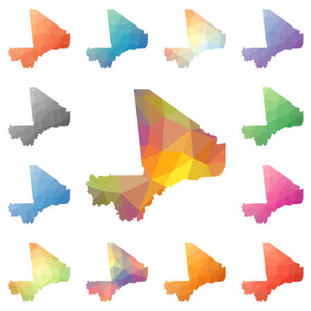 Mali geometric polygonal, mosaic style maps collection. Bright abstract tessellation, low poly style, modern design. Mali polygonal maps for your infographics or presentation.のイラスト素材
