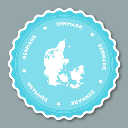 Denmark sticker flat design. Round flat style badges of trendy colors with country map and name. Country sticker vector illustration.のイラスト素材