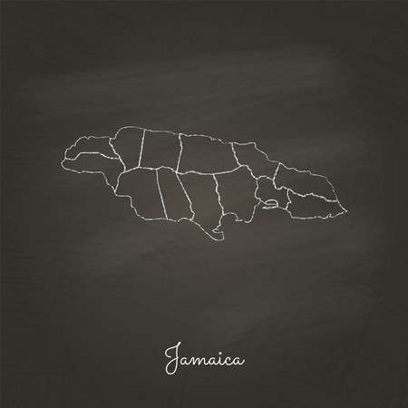 Jamaica region map: hand drawn with white chalk on school blackboard texture. Detailed map of Jamaica regions. Vector illustration.のイラスト素材