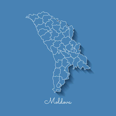 Moldova region map: blue with white outline and shadow on blue background. Detailed map of Moldova regions. Vector illustration.のイラスト素材