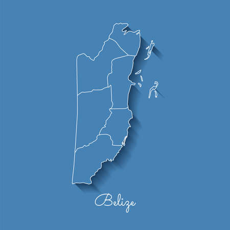 Belize region map: blue with white outline and shadow on blue background. Detailed map of Belize regions. Vector illustration.のイラスト素材