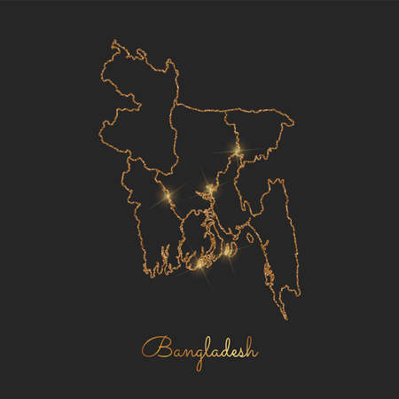 Bangladesh region map: golden glitter outline with sparkling stars on dark background. Detailed map of Bangladesh regions. Vector illustration.のイラスト素材