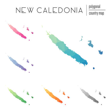 Set of vector polygonal New Caledonia maps. Bright gradient map of country in low poly style. Multicolored New Caledonia map in geometric style for your infographics.のイラスト素材