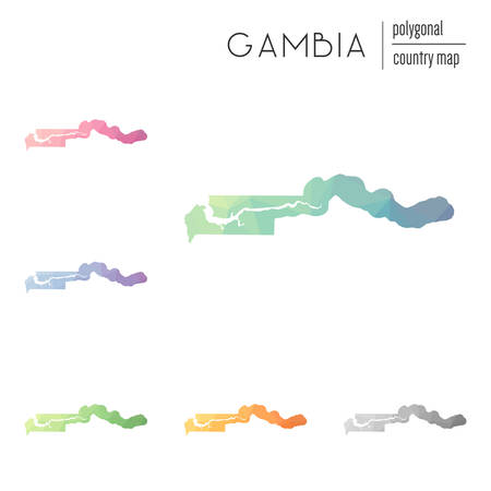 Set of vector polygonal Gambia maps. Bright gradient map of country in low poly style. Multicolored Gambia map in geometric style for your infographics.のイラスト素材