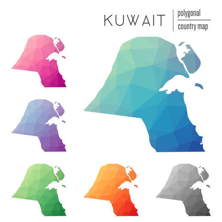 Set of vector polygonal Kuwait maps. Bright gradient map of country in low poly style. Multicolored Kuwait map in geometric style for your infographics.のイラスト素材
