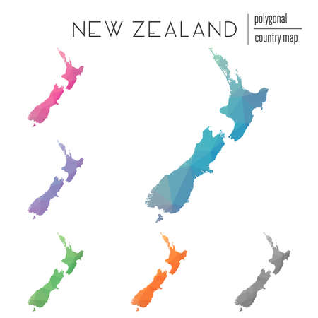 Set of vector polygonal New Zealand maps. Bright gradient map of country in low poly style. Multicolored New Zealand map in geometric style for your infographics.のイラスト素材