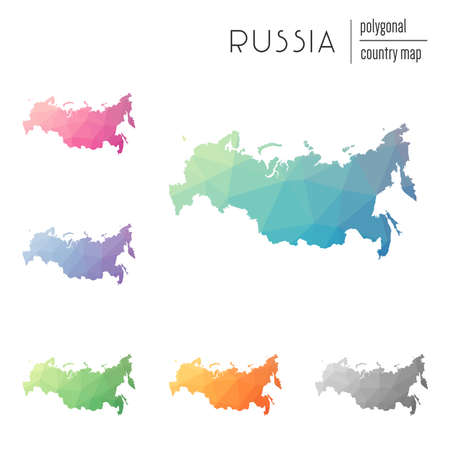Set of vector polygonal Russian Federation maps. Bright gradient map of country in low poly style. Multicolored Russian Federation map in geometric style for your infographics.のイラスト素材