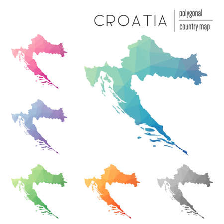 Set of vector polygonal Croatia maps. Bright gradient map of country in low poly style. Multicolored Croatia map in geometric style for your infographics.のイラスト素材