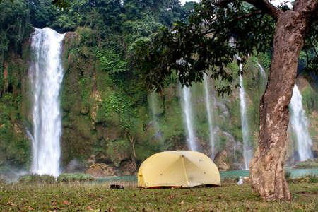 Camping in front of Ban Gioc waterfall.の写真素材