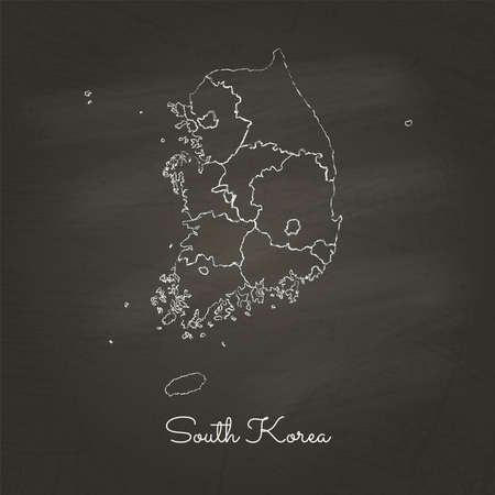 South Korea region map: hand drawn with white chalk on school blackboard texture. Detailed map of South Korea regions. Vector illustration.のイラスト素材