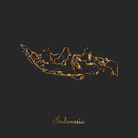 Indonesia region map: golden gradient outline on dark background. Detailed map of Indonesia regions. Vector illustration.のイラスト素材