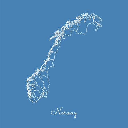 Norway region map: blue with white outline and shadow on blue background. Detailed map of Norway regions. Vector illustration.のイラスト素材