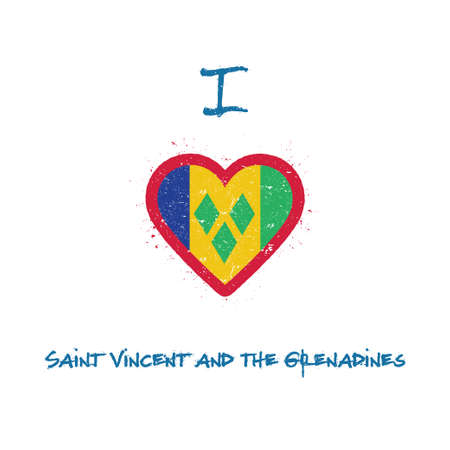 I love Saint Vincent And The Grenadines t-shirt design. Saint Vincentian flag in the shape of heart on white background. Grunge vector illustration.のイラスト素材