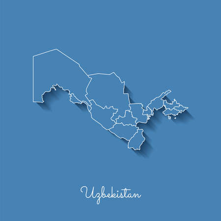 Uzbekistan region map: blue with white outline and shadow on blue background. Detailed map of Uzbekistan regions. Vector illustration.のイラスト素材