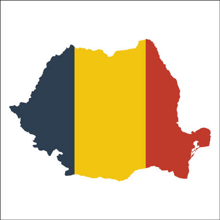 Romania high resolution map with national flag. Flag of the country overlaid on detailed outline map isolated on white background.のイラスト素材