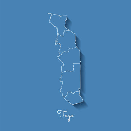 Togo region map: blue with white outline and shadow on blue background. Detailed map of Togo regions. Vector illustration.のイラスト素材