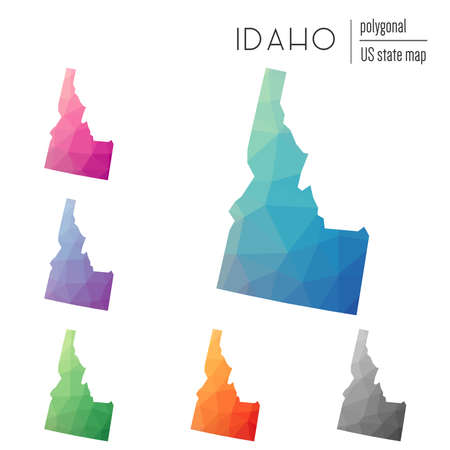 Set of vector polygonal Idaho maps. Bright gradient map of the US state in low poly style. Multicolored Idaho map in geometric style for your infographics.のイラスト素材