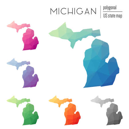 Set of vector polygonal Michigan maps. Bright gradient map of the US state in low poly style. Multicolored Michigan map in geometric style for your infographics.のイラスト素材