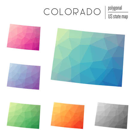 Set of vector polygonal Colorado maps. Bright gradient map of the US state in low poly style. Multicolored Colorado map in geometric style for your infographics.のイラスト素材