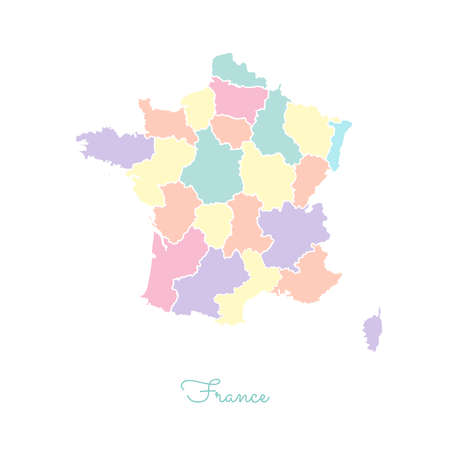 France region map: colorful with white outline. Detailed map of France regions. Vector illustration.のイラスト素材