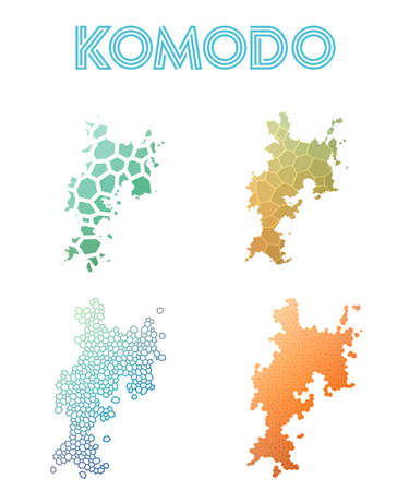 Komodo polygonal island map. Mosaic style maps collection. Bright abstract tessellation, geometric, low poly, modern design. Komodo polygonal maps for infographics or presentation.のイラスト素材