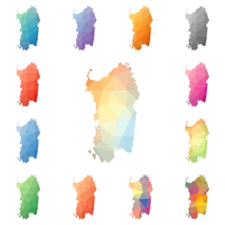 Sardinia geometric polygonal, mosaic style island maps collection. Bright abstract tessellation, low poly style, modern design. Sardinia polygonal maps for your infographics or presentation.のイラスト素材