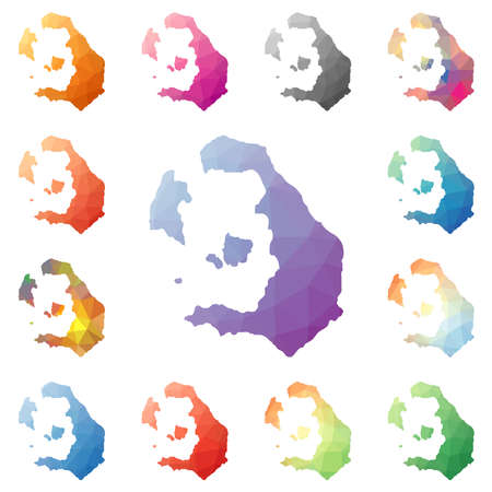 Santorini geometric polygonal, mosaic style island maps collection. Bright abstract tessellation, low poly style, modern design.のイラスト素材