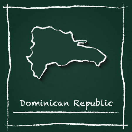 Dominican Republic outline vector map hand drawn with chalk on a green blackboard. Chalkboard scribble in childish style. White chalk texture on green background.のイラスト素材