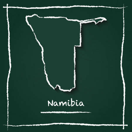 Namibia outline vector map hand drawn with chalk on a green blackboard. Chalkboard scribble in childish style. White chalk texture on green background.のイラスト素材