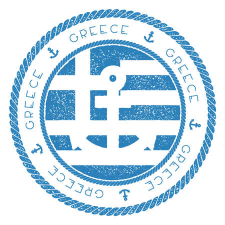 Nautical Travel Stamp with Greece Flag and Anchor. Marine rubber stamp, with round rope border and anchor symbol on flag background. Vector illustration.のイラスト素材