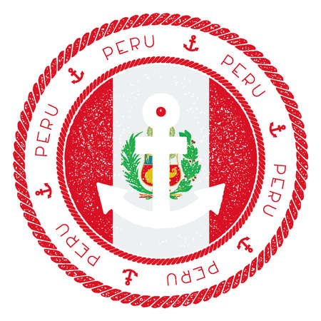 Nautical Travel Stamp with Peru Flag and Anchor. Marine rubber stamp, with round rope border and anchor symbol on flag background.のイラスト素材