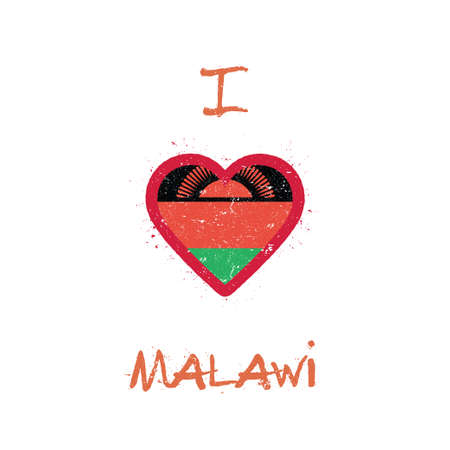 I love Malawi t-shirt design. Malawian flag in the shape of heart on white background. Grunge vector illustration.のイラスト素材