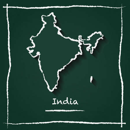 India outline vector map hand drawn with chalk on a green blackboard. Chalkboard scribble in childish style. White chalk texture on green background.のイラスト素材
