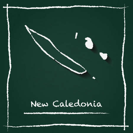 New Caledonia outline vector map hand drawn with chalk on a green blackboard. Chalkboard scribble in childish style. White chalk texture on green background.のイラスト素材