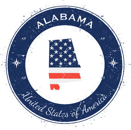 Patriotic badge grunge rubber stamp with USA state flag, map, and the Alabama written along circle border vector illustration.のイラスト素材