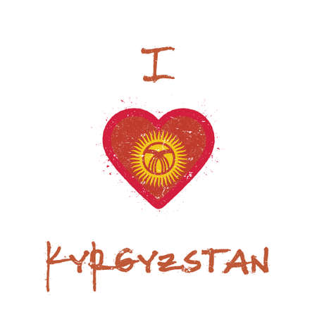 I love Kyrgyzstan t-shirt design. Kirghiz flag in the shape of heart on white background. Grunge vector illustration.のイラスト素材