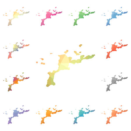 Virgin Gorda geometric polygonal, mosaic style island maps collection. Bright abstract tessellation, low poly style, modern design. Virgin Gorda polygonal maps for your infographics or presentation.のイラスト素材