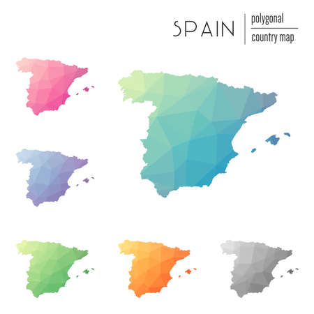 Set of vector polygonal Spain maps. Bright gradient map of country in low poly style. Multicolored Spain map in geometric style for your infographics.のイラスト素材