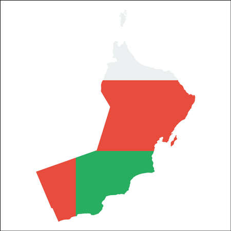Oman high resolution map with national flag. Flag of the country overlaid on detailed outline map isolated on white background.のイラスト素材