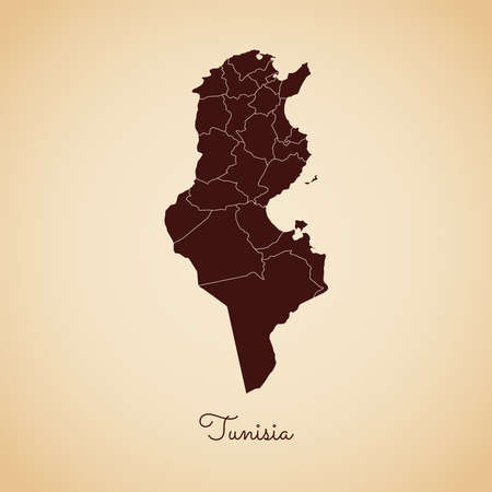 Tunisia region map: retro style brown outline on old paper background. Detailed map of Tunisia regions. Vector illustration.のイラスト素材