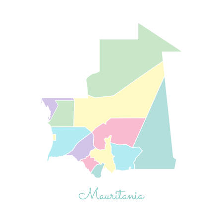 Mauritania region map: colorful with white outline. Detailed map of Mauritania regions. Vector illustration.のイラスト素材