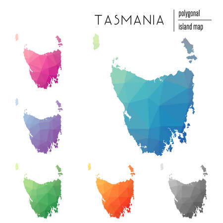 Set of vector polygonal Tasmania maps filled with bright gradient of low poly art. Multicolored island outline in geometric style for your infographics.のイラスト素材